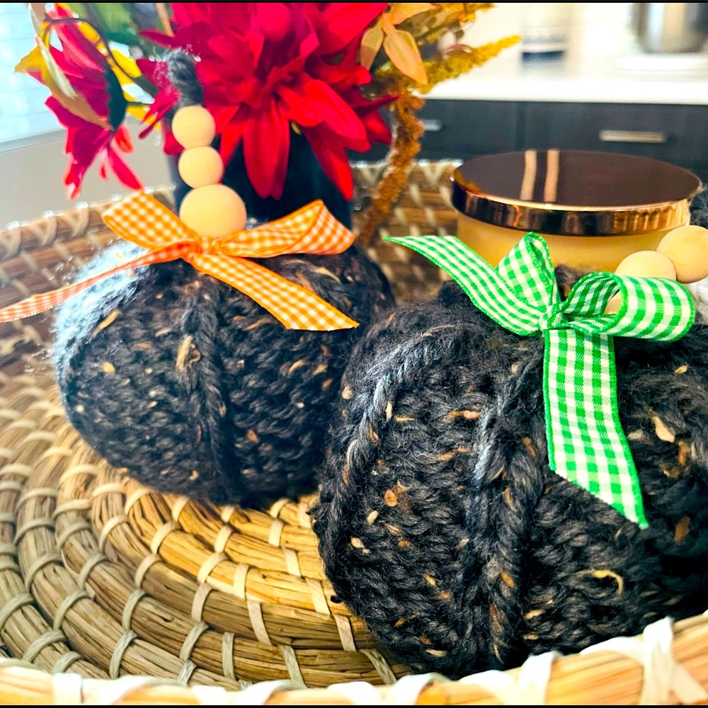 Rustic Hand knitted pumpkins.